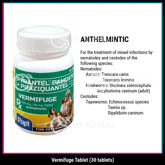 Vermifuge Anthelmintic Dewormer Pyrantel Pamoate + Praziquantel (30 Tablets) For Dogs